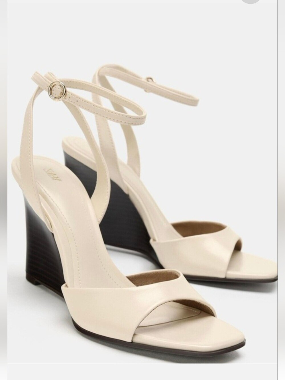 Zara Wedge Sandals Open Square Toe Ankle Strap Heels In Off White  Sz. 6.5 / 37